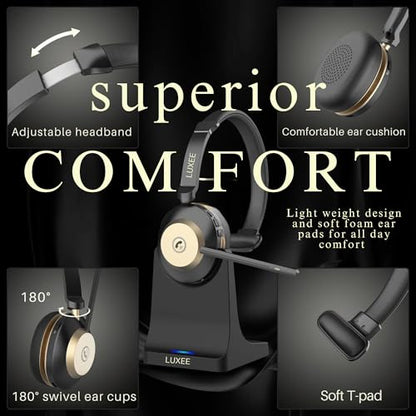 LUXEE Bluetooth Wireless Headset with Microphone for Work - Single Ear Computer Headset with USB Dongle & Charging Base, Noise Canceling Office Headset for Laptop, Zoom, Audifonos con Microfono