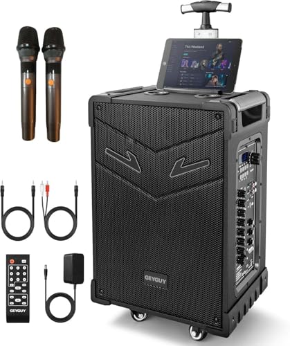 GTSK10-3 3-Way Portable Bluetooth PA Speaker System w/Wireless Mics – 10" Karaoke Speaker with Subwoofer, FM Radio, TWS, Rolling Wheels & Rechargeable Battery for Parties, Events, Game Day & Outdoors