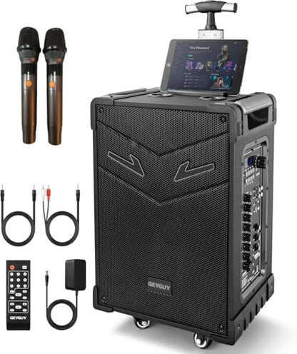 GTSK10-3 3-Way Portable Bluetooth PA Speaker System w/Wireless Mics – 10" Karaoke Speaker with Subwoofer, FM Radio, TWS, Rolling Wheels & Rechargeable Battery for Parties, Events, Game Day & Outdoors