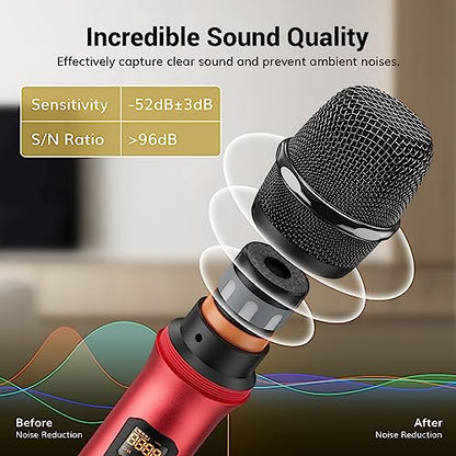 TONOR Wireless Microphones, Cordless Mic with Rechargeable Receiver, 200ft Range UHF Handheld Dynamic Microfonos Inalambricos Professional for Karaoke Singing Party Wedding Church TW630 Silver&Red