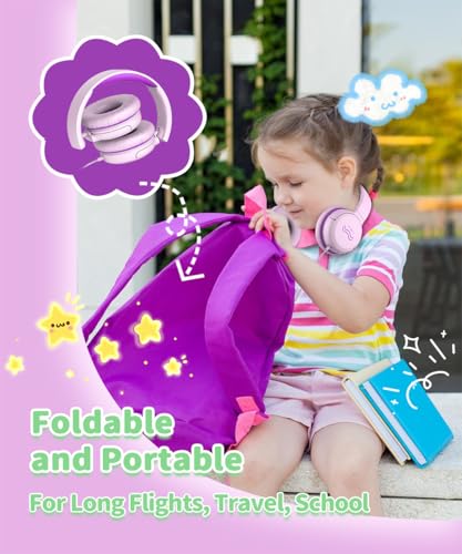 Wired Kids Headphones with Mic, 85/94dB Safe Volume Control, Foldable On-Ear Headset for School, Travel, Tablet & Laptop, 3.5mm Jack, Pink & Purple - color: PinkPurple