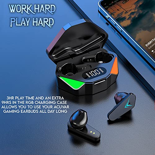 Bluetooth Wireless 5.2 Sweatproof Gaming Earbud Headphones with Microphone, RGB LED Rechargeable 24hr Charging Case Powerful Surround Stereo Bass Low Latency and Passive Noise Cancelling