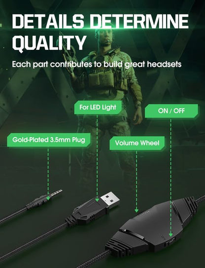 Nanddi Gaming Headset with Microphone, Gaming Headphones for PS4 PS5 Xbox One PC with LED Lights, PlayStation Headset with Noise Reduction 7.1 Surround Sound Over-Ear and Wired 3.5mm Jack (Green) - color: Camo Green