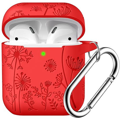 Lerobo for AirPod Case 2nd/1st Generation with Keychain for Women Girl | Flower Engraved Silicone Cover for AirPods 1 Case, Wireless Charging, Shockproof, One-piece Design, Red - color: Red