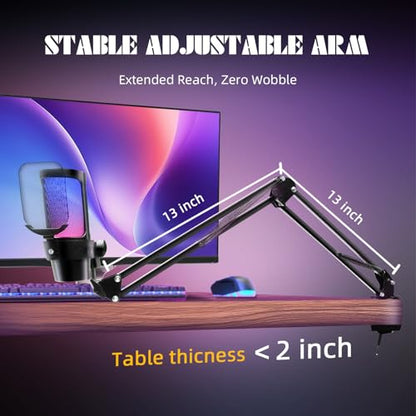 VCOM Gaming USB Microphone,Condenser Dynamic Boom Arm Mic for Podcasting,Streaming, with Boom Arm Stand,Quick Mute,Pop Filter,RGB Indicator,Shock Mount,Rotate gain Button, Compatible with PS4/5/PC