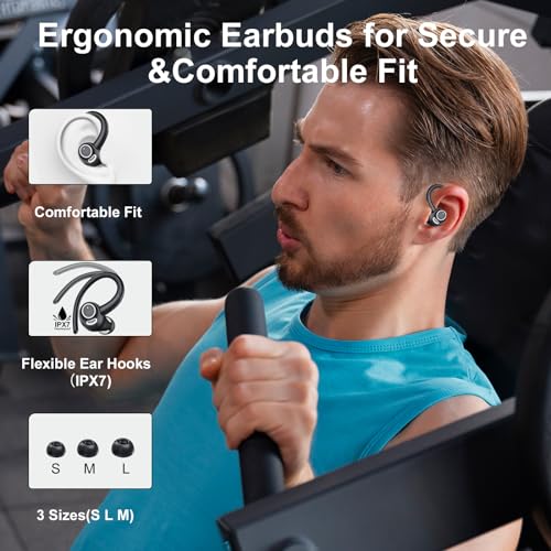 Wireless Earbuds Bluetooth 5.3 Headphones Sports, 48H Over Ear Bud with ENC Mic, Stereo Deep Bass Bluetooth Earbuds with Secure Earhooks, LED Display, IPX7 Waterproof Earphone for Running Ivory Black