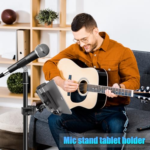 Mic Stand Tablet Holder, 360° Swivel iPad Mic Stand Holder Phone iPad Holder for Mic Stand/ Treadmill/ Spin Bike/ Peloton Exercise Bike Handlebar Mount, Fits 4-12.9" iPad, iPhone, Android Smartphones - size: 4 Inch Arm