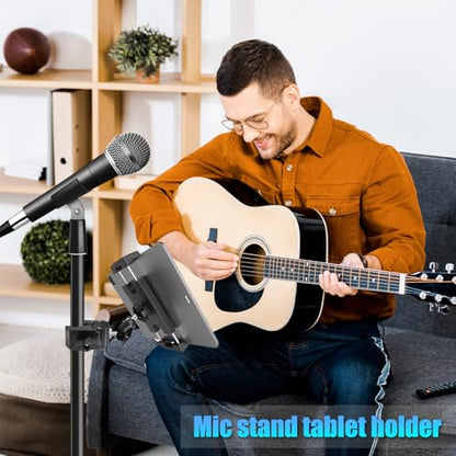 Mic Stand Tablet Holder, 360° Swivel iPad Mic Stand Holder Phone iPad Holder for Mic Stand/ Treadmill/ Spin Bike/ Peloton Exercise Bike Handlebar Mount, Fits 4-12.9" iPad, iPhone, Android Smartphones - size: 4 Inch Arm