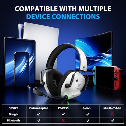 Vakedy Wireless Gaming Headset for PS5, PS4, PC, Switch, Dual Mode, White