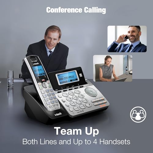 VTech 4-Handset 2-Line Cordless Phone for Small Business or Home with Answering System and Mailbox on Each Line, Caller ID/Call Waiting, Conference Call | DS6151 with 4 Handsets Bundle (Black/Silver) - size: 4 Handsets