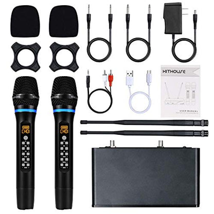J10 Wireless Microphone Karaoke System Rechargeable, UHF Metal Cordless Microphone Handheld with Volume Echo Treble BASS Control and Receiver Box for Singing Karaoke Speech Meeting
