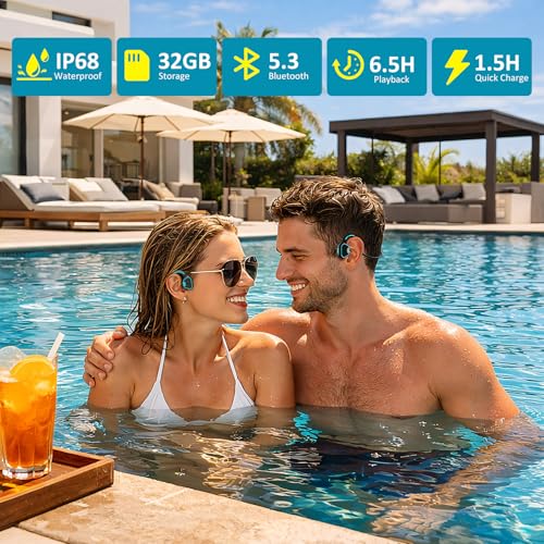 Swimming Bone Conduction Headphones, IP68 Waterproof Open-Ear Bluetooth 5.3 Headphones with 32GB MP3 Player, Wireless Headphones for Pool, Surfing and Sports, Blue - color: Blue
