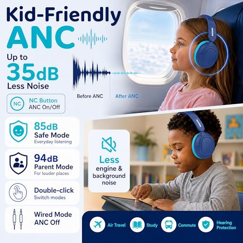 Kids Bluetooth Headphones Wireless,ANC,68H,Safe Volume Limit 85/94dB Blue | Adjustable Headband Foldable Over-Ear for Toddler Girls Boys Tablet/iPad,HD Stereo,Built-in Mic - color: Prussian Blue