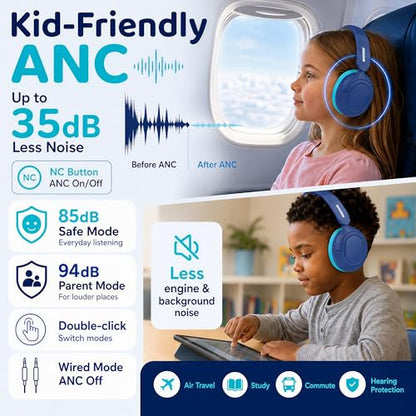 Kids Bluetooth Headphones Wireless,ANC,68H,Safe Volume Limit 85/94dB Blue | Adjustable Headband Foldable Over-Ear for Toddler Girls Boys Tablet/iPad,HD Stereo,Built-in Mic - color: Prussian Blue