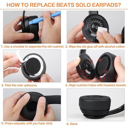 Gvoears Replacement Ear Pads for Beats Solo 2 & 3 Headphones Ear Cushions | Stronger Adhesive, Added Memory Foam Thickness (Black) - color: Black