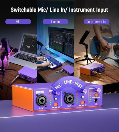 USB C Audio Interface for Recording Music, Streaming, Podcasting with Dual XLR, Line Input, 24bit/48kHz, 48V Phantom Power, 2-channel, Purple