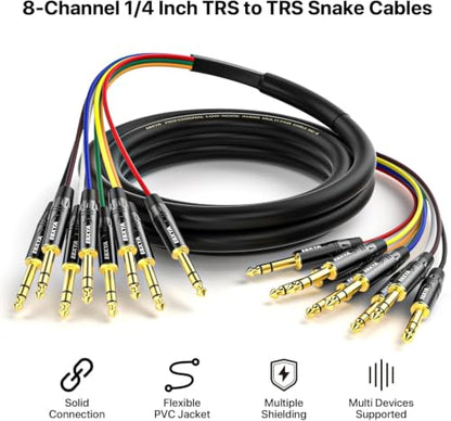 EBXYA 8-Channel 1/4 Inch TRS to TRS Snake Cables,Recording Snake Cable | 6.35mm Male Jack Stereo Audio Balanced Line for Keyboard, Amplifier, Speaker, Mixer,15 Feet 1 Pack - size: 8-Channel 15 Feet, style: TRS to TRS