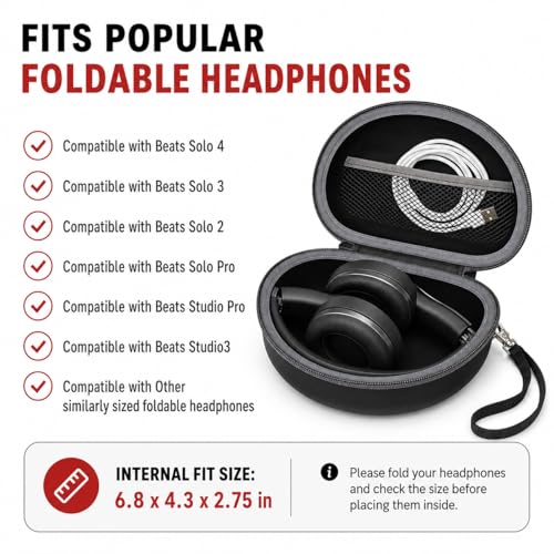 COMECASE Case for Beats Solo 4/Studio Pro Headphones with Mesh Pocket | Water-Resistant Hard Shell, Mesh Pocket for Cables, Travel Storage, Fits Solo 2/3, Solo Pro and Studio3, Black+Grey Zipper - color: Black+Grey Zipper
