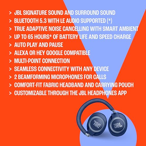 JBL Live 770NC - Wireless Over-Ear Headphones with True Adaptive Noise Cancelling with Smart Ambient, Up to 65 Hours of Battery Life, Comfort-fit Fabric Headband & Carrying Pouch (Black) - color: Black