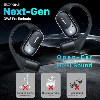 Eonini Open-Ear Earbuds with Earhooks, LED Display Case, Lightweight & Secure Fit, All-Day Comfort, Stay-Aware Design, Clear Calls, 40H Playtime, IPX5 Waterproof Bluetooth 5.3 for Running, Gym - color: Black