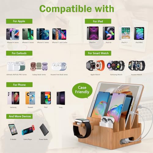 Pezin & Hulin Bamboo Charging Stand with Pack 5 Cables-Natural Bamboo | Dock Organizer for Multi Devices, Cell Phone, Tablets, Smart Watch, No Power Charger Block - color: Without Charger
