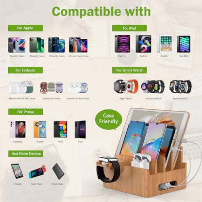 Pezin & Hulin Bamboo Charging Stand with Pack 5 Cables-Natural Bamboo | Dock Organizer for Multi Devices, Cell Phone, Tablets, Smart Watch, No Power Charger Block - color: Without Charger