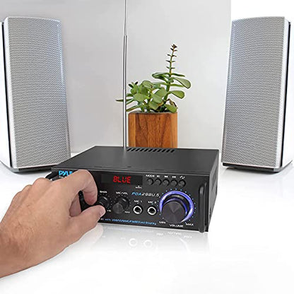 Pyle 200W Bluetooth Compact Power Amplifier - Wireless 2 Channel Audio Receiver with Dual Karaoke Mic Input - RCA - USB-A + SD Card MP3 Player - FM Radio - AUX In - Remote Control - PDA29BU