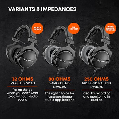beyerdynamic DT 770 Pro (80 Ohm), Closed-Back Studio Headphones, Black - color: Black with Grey, size: 80 OHM