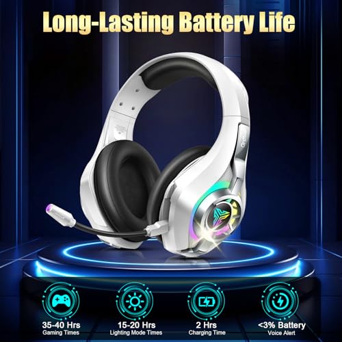 Ordtop 2.4GHz Wireless Gaming Headsets for PS5/PS4/Switch, 2026 RGB Noise Cancelling Over-Ear Headphones with 7.1 Surround Sound, 40mm Drivers, 276g Ultraligero, Memory Foam, 45H Gaming Headphones﻿ - color: White