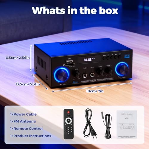 Romicta AK50 Stereo Audio Amplifier, 2 Channel 400W Bluetooth 5.0 Home Audio Stereo Receiver with FM, Echo, AUX, USB, SD, MIC Inputs, Power Amplifier for Passive Speakers and Active subwoofer