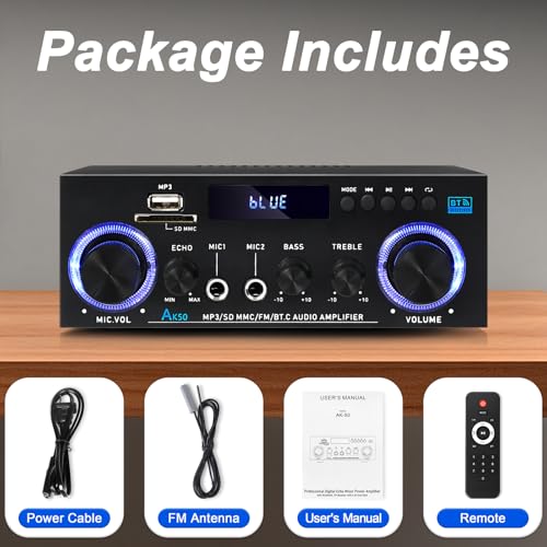 AK50 Stereo Amplifier Home Audio, Stereo Receivers 400W Home 2 Channel Bluetooth 5.0 Power Amplifier System, FM Radio, USB, SD Card, with Remote Control for Home Theater Speakers Studio, Karaoke - color: Black