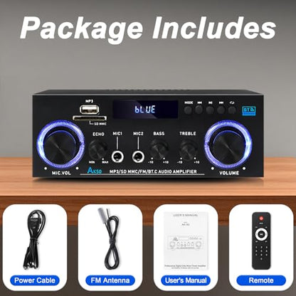 AK50 Stereo Amplifier Home Audio, Stereo Receivers 400W Home 2 Channel Bluetooth 5.0 Power Amplifier System, FM Radio, USB, SD Card, with Remote Control for Home Theater Speakers Studio, Karaoke - color: Black
