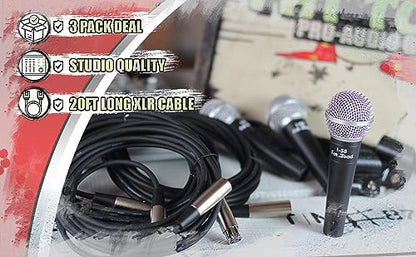Fat Toad Vocal Microphones (Live ResponsePRO Edition) 3-Pack – Cardioid Dynamic Handheld Mics with Clips & 20ft XLR Cables for Studio, DJ & Karaoke Use