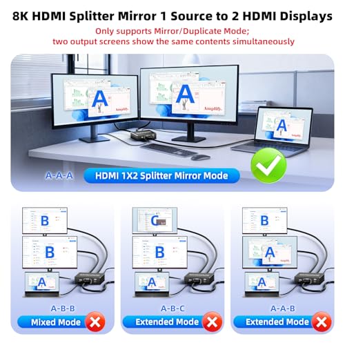 BolAAzuL HDMI 2.1 Splitter 1 in 2 Out 4K 120Hz w/ 8K HDMI Cable & Power | 8K 60Hz HDMI Y Splitter 1x2 with Audio Out for Dual Monitors Duplicate, HDCP 2.3 HDR 48Gbps VRR ALLM, for PS5/Xbox/PC/TV