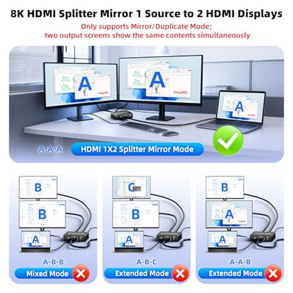 BolAAzuL HDMI 2.1 Splitter 1 in 2 Out 4K 120Hz w/ 8K HDMI Cable & Power | 8K 60Hz HDMI Y Splitter 1x2 with Audio Out for Dual Monitors Duplicate, HDCP 2.3 HDR 48Gbps VRR ALLM, for PS5/Xbox/PC/TV