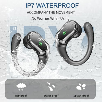 Wireless Earbuds, 2026 Bluetooth 5.4 Headphones Sport, 60Hrs HiFi Stereo Deep Bass Over-Ear buds with ENC Noise Cancelling Mic, IP7 Waterproof & LED Display Earphones with Earhooks for Workout/Running - color: SkyMark Black