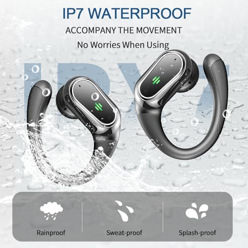 Wireless Earbuds, 2026 Bluetooth 5.4 Headphones Sport, 60Hrs HiFi Stereo Deep Bass Over-Ear buds with ENC Noise Cancelling Mic, IP7 Waterproof & LED Display Earphones with Earhooks for Workout/Running - color: SkyMark Black