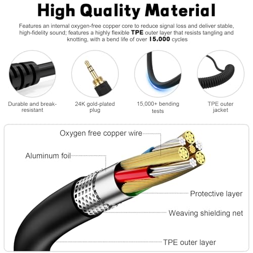 Replacement ATH-M50x Cable Coiled Cord Compatible with Audio Technica ATH-M40x, ATH-M50x, ATH-M70x, ATH-M60x Headphones, 2.5mm to 3.5mm Audio Cord with 6.35mm Adapter