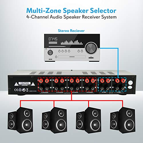 Pyle 4 Channel Speaker Selector Switch - Multi Zone Audio Distributor with Independent Volume Control, Compact Design, Supports Home Theater and Stereo Systems - PSLSW4.5