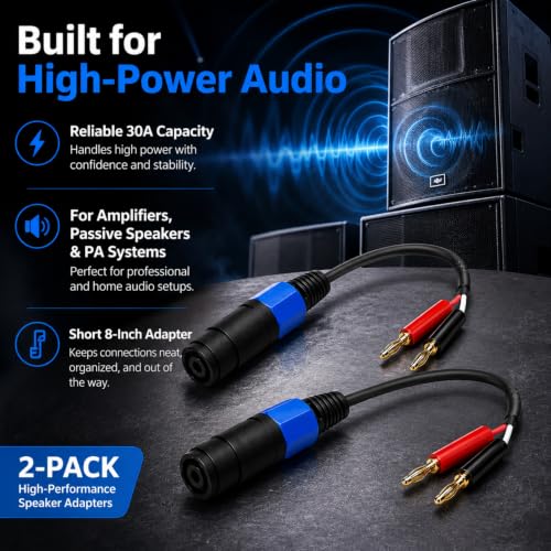 Banana Plug to Speakon Cable 8 Inch 2-Pack, 12AWG 30A Gold-Plated NL4FX Twist-Lock, Short Amp Rack Speaker Wire for QSC Crown JBL Yamaha DJ PA System
