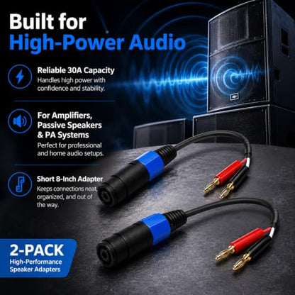 Banana Plug to Speakon Cable 8 Inch 2-Pack, 12AWG 30A Gold-Plated NL4FX Twist-Lock, Short Amp Rack Speaker Wire for QSC Crown JBL Yamaha DJ PA System