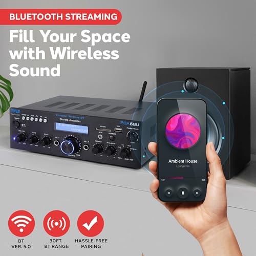 Pyle Wireless Bluetooth Power Amplifier System- 200W Dual Channel Sound Audio Stereo Receiver w/USB, SD, AUX, MIC w/Echo, Radio, LCD - Home Theater Entertainment via RCA, Studio Use, Black - PDA6BU.6 - color: Matte
