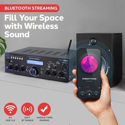 Pyle Wireless Bluetooth Power Amplifier System- 200W Dual Channel Sound Audio Stereo Receiver w/USB, SD, AUX, MIC w/Echo, Radio, LCD - Home Theater Entertainment via RCA, Studio Use, Black - PDA6BU.6 - color: Matte
