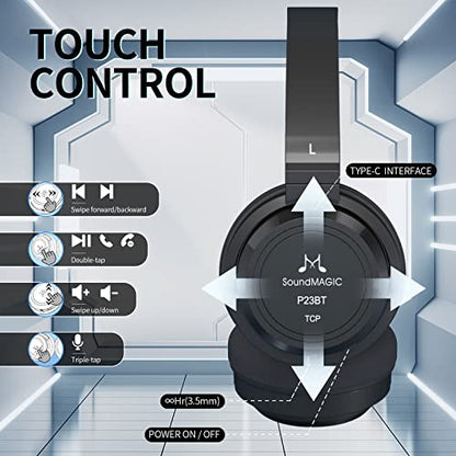 SoundMAGIC P23BT Portable On Ear Bluetooth Headphones CVC Noise Canceling Microphone HiFi Sound Stable Wireless Signal Connection Long Playtime with Detachable Cable for Game Black