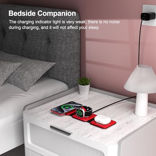 3 in 1 Charging Station for Multple Devices,Foldable 3 in 1 Wireless Charger for Travel,Nano Wireless Charging Station for iPhone16 15 14 13 12 Pro Max/Watch 10 9 8 7 6 5 4 3 Ultra/AirPod Pro - color: Red