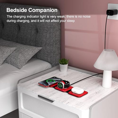 3 in 1 Charging Station for Multple Devices,Foldable 3 in 1 Wireless Charger for Travel,Nano Wireless Charging Station for iPhone16 15 14 13 12 Pro Max/Watch 10 9 8 7 6 5 4 3 Ultra/AirPod Pro - color: Red
