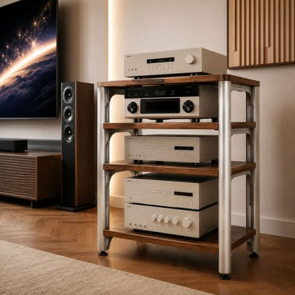 4-Tier HiFi Audio Rack, Adjustable AV Stand for Stereo Equipment | 110 lbs Per Shelf Open Cooling Design Metal Support Columns Rubber Feet Fits Amplifier, Receiver, Turntable & CD Player - size: 4-tier