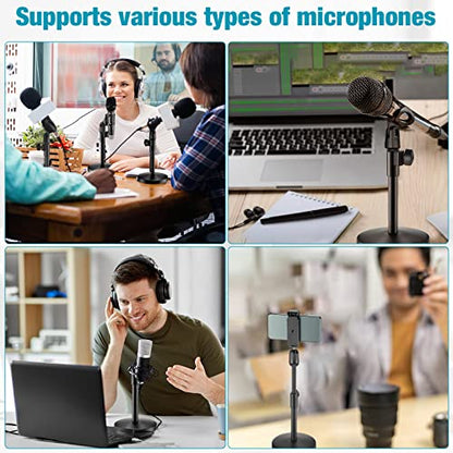 Hoteam 4 Pieces 3 in 1 Desktop Microphone Stand Adjustable Table Mic Stand Multi Function Mic Stand with Microphone Clip, Cell Phone Clip, 5/8" Male to 3/8" Female Metal Adapter
