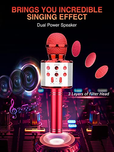 BlueFire 4 in 1 Karaoke Wireless Microphone with LED Lights, Portable Microphone for Kids, Great Gifts Toys for Kids, Girls, Boys and Adults (Red) - color: Red