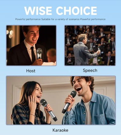 Wireless Microphones for Karaoke Machine, 2 Rechargeable Metal Dynamic Microphones with Receiver, 200FT Stable Wireless Range, 40H Battery Life, Plug and Play for PA Speaker, Amplifier, Church, Party